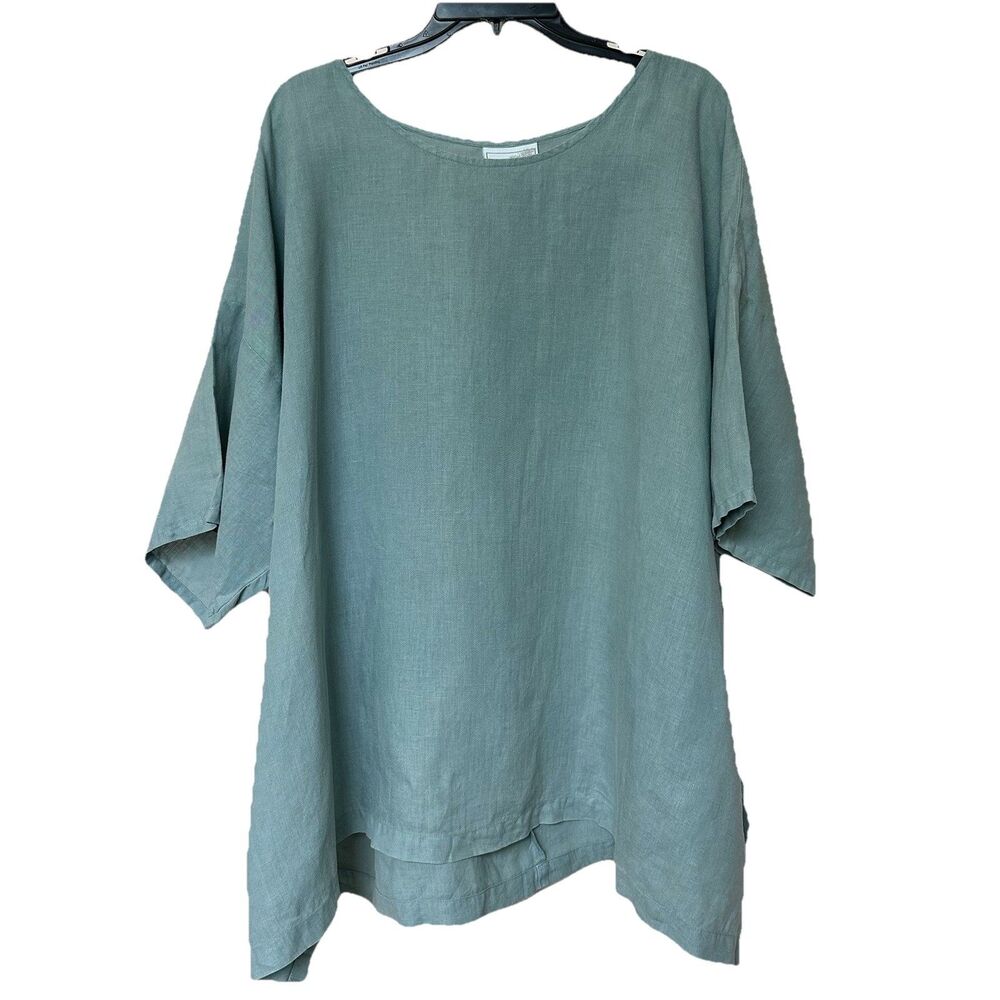 La Fixsun Linen Tunic Top Lg Short Sleeve Green Oversized Lagen Boho Minimalist